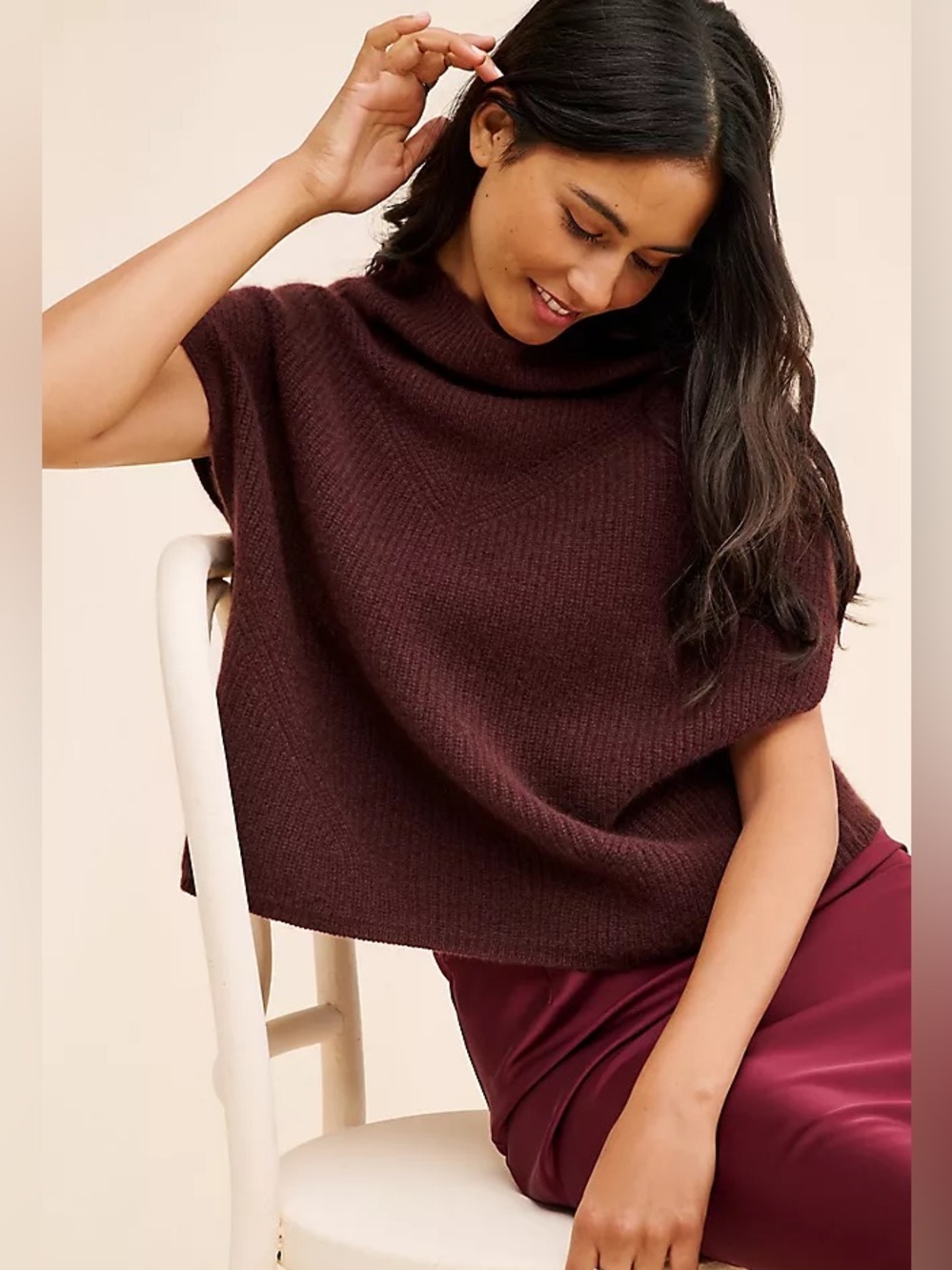 Anthropologie Enza 100% Cashmere Oversized Ribbed Turtleneck Vest Sleeveless PM